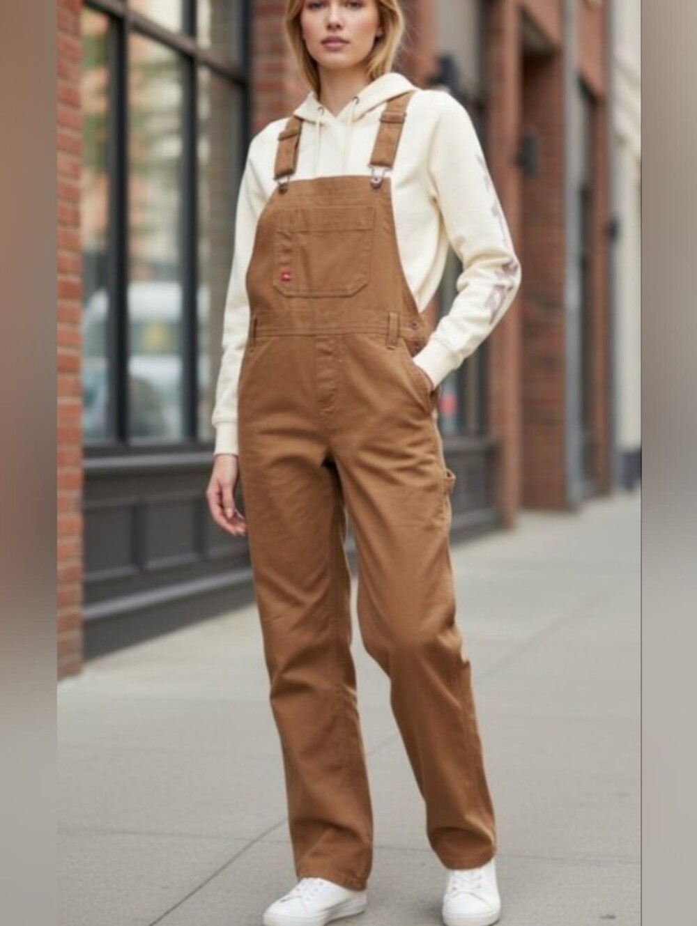 Dickies Women's Relaxed Fit Bib Overalls - Rinsed Brown Duck Size 18